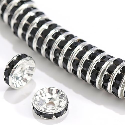 100Pcs Rondelle Spacer Beads Round Crystal Charms Czech Rhinestone Silver Plated Spacer Loose Bead for DIY Bracelet Necklace Jewelry Making Supplies (6MM, Black) - color: Black, size: 6MM