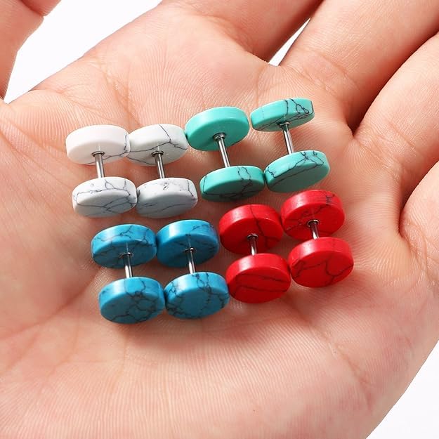 4 Pairs Unisex Marble Stone Screw Stud Earrings Set,Cupimatch Ear Piercing Plugs Faux Gauges Illusion Tunnel Earrings for Mother's Day (10mm) - color: blue-8mm