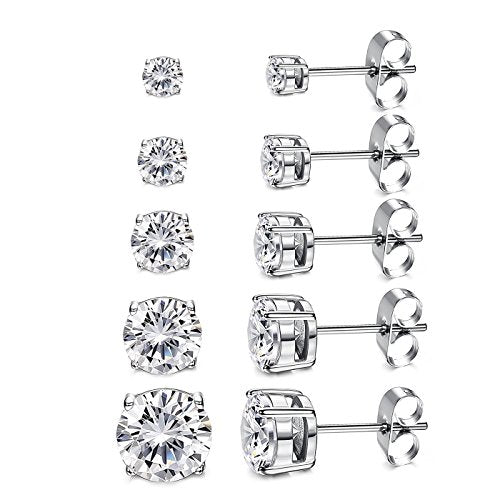 Kainier Women's 14K Gold Plated CZ Stud Earrings Simulated Diamond Round Cubic Zirconia Ear Stud Set（5 Pairs)… - color: Platinum
