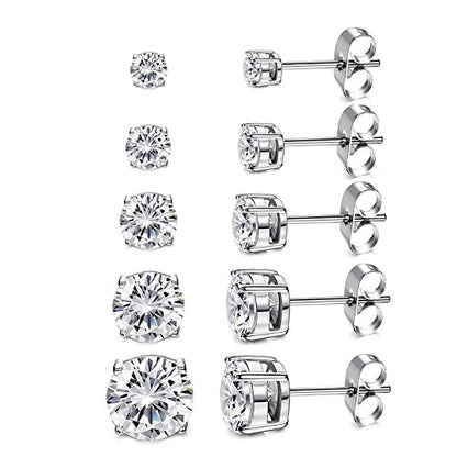 Kainier Women's 14K Gold Plated CZ Stud Earrings Simulated Diamond Round Cubic Zirconia Ear Stud Set（5 Pairs)… - color: Platinum