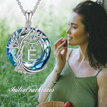 TOUPOP Gifts for Women Tree of Life Initial Necklace 925 Sterling Silver Letter Pendant with Blue Crystal Birthday Jewelry Gifts for Women Her Mom Wife Daughter - color: Tree of Life E Initial