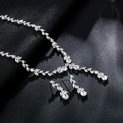 Bridal Wedding Jewelry CZ Set Marquise Teardrop Cubic Zirconia Pendant Necklace and Dangle Earring Bracelet Sets for Women - color: White Gold - 01