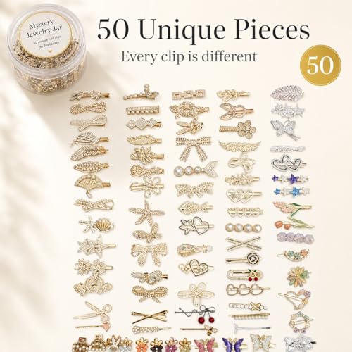 50Pcs Hair Clips for Women & Girls - No Duplicates Assorted Hair Accessories Set in Clear Display Box | Faux Pearl, Resin, Rhinestone & Gold-Tone Barrettes, Snap & Bobby Pins