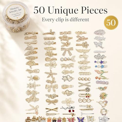 50Pcs Hair Clips for Women & Girls - No Duplicates Assorted Hair Accessories Set in Clear Display Box | Faux Pearl, Resin, Rhinestone & Gold-Tone Barrettes, Snap & Bobby Pins