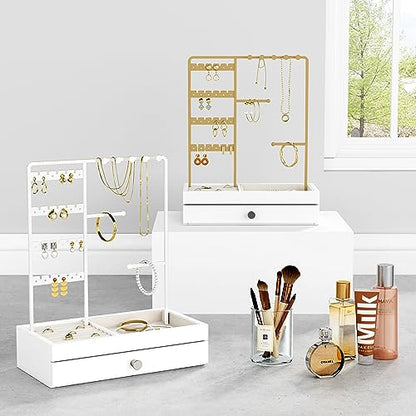 Goozii White Jewelry Organizer Stand Stud Earring Holder, Necklace Display Stand with Drawer, Jewelry Tower Tree for Bracelets Rings, Birthday Valentines Day Gifts for Her Teen Girls Women Wife - color: White