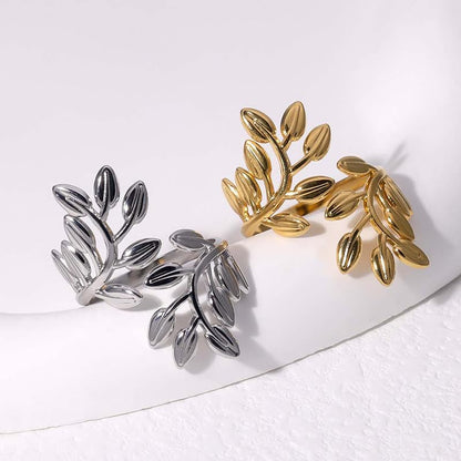 Stainless Steel Leaf Statement Ring for Women Laurel Branch Leaves Open Adjustable Band Fashion Finger Stacking Rings Birthday Party Jewelry Gifts Friendship - style: Floral