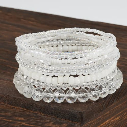 Bohemian Colorful Crystal Glass Beads Seed Beaded Bracelet Handmade Adjustable Stackable Elastic Strand Bangle for Women Summer Beach Hawaii Boho Wristbands Jewelry - color: clear