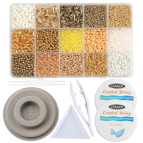 GTAAOY Mix 15 Color Glass Seed Beads, Glass Bugle Beads Tube Beads for Adults, Bracelet Bead Boards, Tweezers,Elastic Sting for Jewelry Making(Mix Size,Gold) - color: Gold