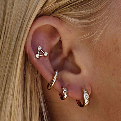 MEVECCO Chunky Huggie Hoop Earrings for Women Starburst Beaded Styles | 18K Gold Plated Brass, Triple Or Single Cubic Zirconia Star Details, Graduated Rounded Profile, Front Stone Row - style: Starburst Three