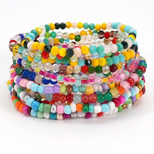 Bohemian Multilayer Beaded Stackable Stretch Bracelets for Women Colorful Crystal Glass Resin Seed Beads Elastic Wristbands BFF Friendship Summer Beach Hawaii Jewelry - color: Colorful
