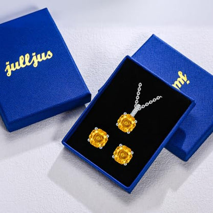 Rose Cut Silver Solitaire Necklace and Earring Set for Women, Jewelry Gift | Rose Cut, Cubic Zirconia, Necklace and Stud Earrings Set, Jewelry Set, Minimalist - color: Yellow