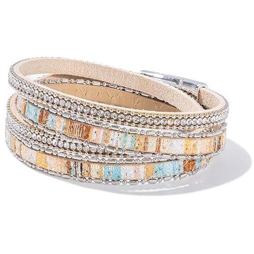 Boho Double Wrap Leather Bracelets Stackable Layered Western Hippie Jewelry | Colorful Stacked Bohemian Statement Chunky Magnetic Clasp Cuff Bangles Cowgirl Country Summer Beach Outfits for Women Trendy - color: Beige