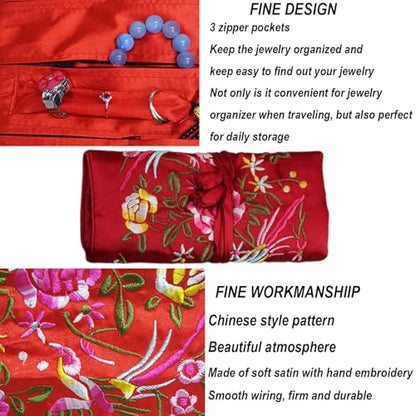 2pcs Embroidery Jewelry Roll 2 Styles Jewelry Silk Purse Pouchs Damask Cloth Roll Brocade Organizer with Snap Button and Zipper Small Gift Bags for Travel Storage Jewelry/Peacock Green - color: 01 Peacock