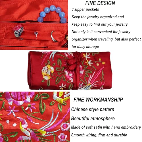 2pcs Embroidery Jewelry Roll Bags with Silk Purse Pouch Damask Cloth Brocade Organizer with Snap Button and Zipper Small Gift Bags for Travel Storage in Blue - color: 04 D Blue