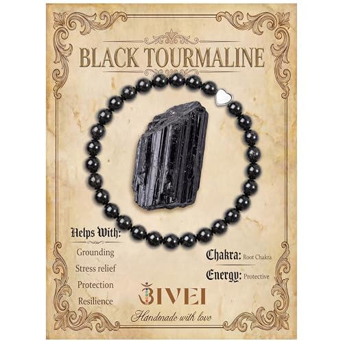 Bivei Crystal Stretch 6mm Bracelets for Women | Handmade Natural Stone Beaded Stretch Bracelet, Stainless Steel Heart Bead, Tranquility Yoga Gift Jewelry for Women - color: Black Tourmaline - Protective