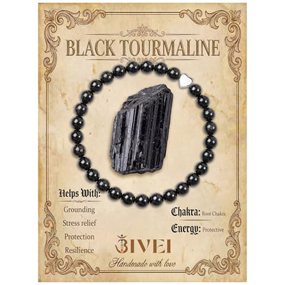 Bivei Crystal Stretch 6mm Bracelets for Women | Handmade Natural Stone Beaded Stretch Bracelet, Stainless Steel Heart Bead, Tranquility Yoga Gift Jewelry for Women - color: Black Tourmaline - Protective