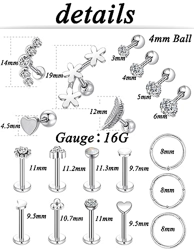 Tornito 9-30Pcs Cartilage CZ Stud Earrings Conch Forward Helix Tragus Daith Piercing Lip Rings Snake Heart Butterfly Jewelry for Women Men 16G Silver Gold Tone - color: C1:19PCS, Silver Tone