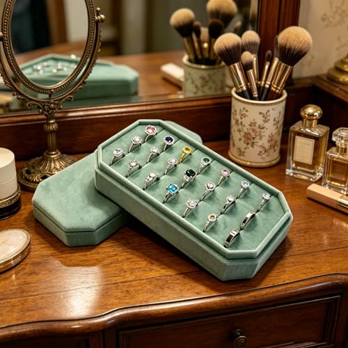 Velvet Ring Organizer Box - Ring Jewelry Box for Rings Earring, Jewelry Tray Rings holder Display Case for Girl Women (8.07"x4.13"x2.16") -PRB024-Mint Green - color: Mint Green