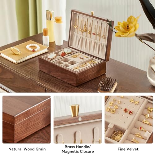 CHOSIN Walnut Wood Jewelry Box with Removable Tray, Vertical Necklace Hooks | 2 Layers Black Walnut Jewelry Organizer, For Watches Rings Earrings Necklace Bracelets, Velvet Interior, Gift for Her - style: 2 Layer B
