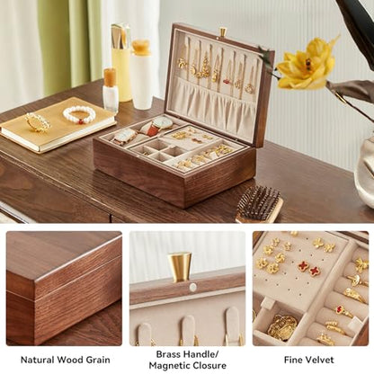 CHOSIN Walnut Wood Jewelry Box with Removable Tray, Vertical Necklace Hooks | 2 Layers Black Walnut Jewelry Organizer, For Watches Rings Earrings Necklace Bracelets, Velvet Interior, Gift for Her - style: 2 Layer B