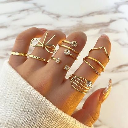 HUASAI Gold Stackable Rings Set for Women Boho Dainty Moon Star Pearl Leaf Cubic Zirconia Heart Midi Pinky Trendy Jewelry Birthday Gifts - color: Z16 Gold Bow Rings 8 Pcs