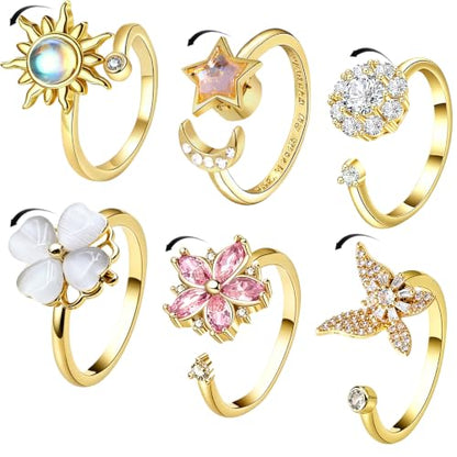 6Pcs Fidget Anxiety Rings for Women, Gold Adjustable Open Spinner Rings for Anxiety, Stress Relief Rotating Rings with Butterfly Sun Star Flower Four-Leaf Clover Designs, Fidget Jewelry for Women - color: Gold