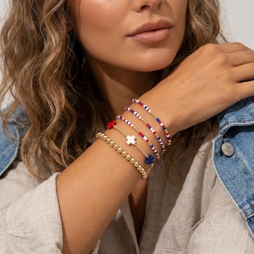 Gold Beaded Bracelets Stack for Women Stackable 14K Gold Plated Beads Ball Cross Bracelet Boho Christian Jewelry Faith Friendship Birthday Gifts for Women - color: USA