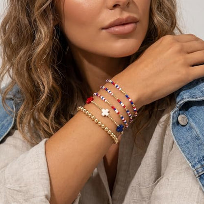 Gold Beaded Bracelets Stack for Women Stackable 14K Gold Plated Beads Ball Cross Bracelet Boho Christian Jewelry Faith Friendship Birthday Gifts for Women - color: USA