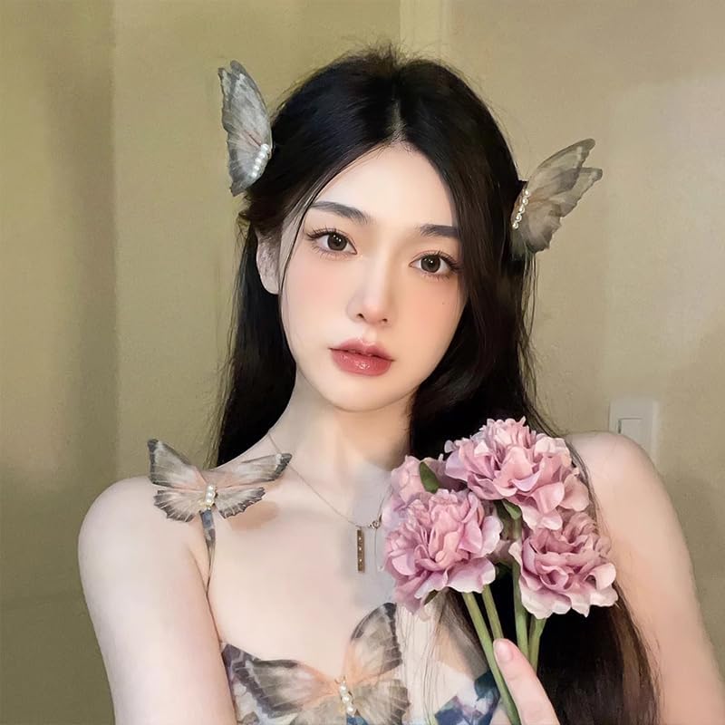 Butterfly Hair Clips Pins for Girls Faux Pearl Butterfly Hair Barrettes Double Layer Glitter Butterfly Clips Fairy Hairpin Cute Butterfly Snap Hair Clip Retro Hair Accessories for Women (4Pcs)