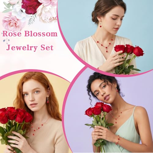 SHENLIU Red Rose Jewelry Set for Women, 3Pcs Rose Pendant Earrings Necklaces Bracelet, Burgundy Jewelry Set for Women's Wedding Prom Valentine Birthday Party (Red and Gold)