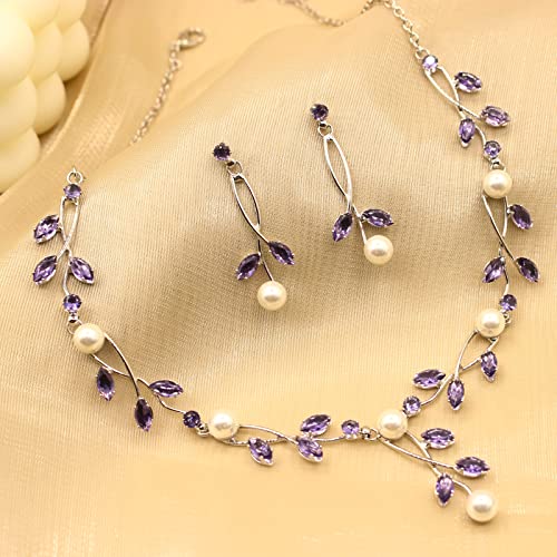 Luxury Cubic Zirconia Aurtrian Crystal Pearl Floral Necklace Dangle Earrings Wedding Bridal Jewelry Set Birthday Gifts for Her - color: Style02-Violet-Silver Plated