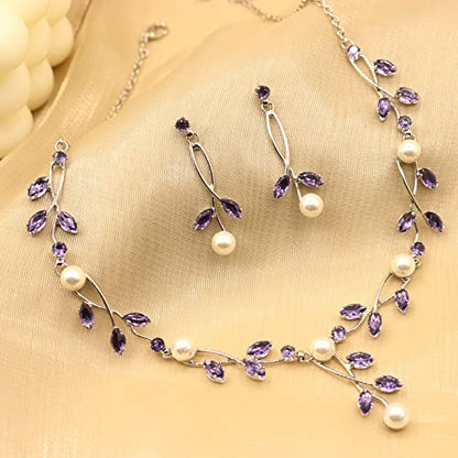 Luxury Cubic Zirconia Aurtrian Crystal Pearl Floral Necklace Dangle Earrings Wedding Bridal Jewelry Set Birthday Gifts for Her - color: Style02-Violet-Silver Plated