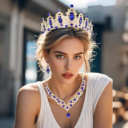 Crowns and Tiaras jewelry sets for Wedding princess birthday party Halloween Prom Pageant Jewelry for Women Crystal Bridal Jewelry Set for women - color: Gold Blue