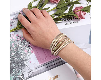 Fesciory Leather Wrap Bracelets for Women, Boho Western Layered Jewelry | Layered leather cuff bracelets, Easy on and off, Boho western style, Daily wear, Gift for women - color: Khaki 1