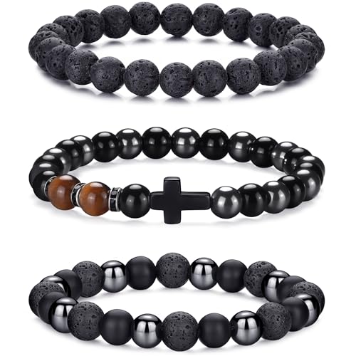 Mens Bead Bracelet Set - Adjustable Elastic Rope With 6&8MM Natural Stone Multi-Colored Beads - Tiger Eye Bracelets for Men - Gift - style: 3,Lave beads,Cross,Black bracelet