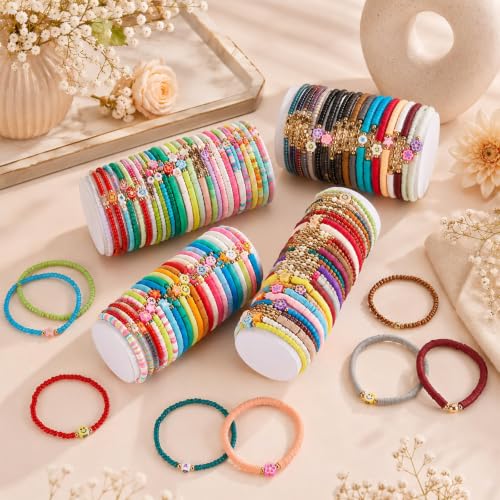 gisgfim 112 Pcs Beaded Friendship Bracelets Bulk Surfer Heishi Clay Stretch Y2K Bracelets Colorful Cute Boho Stackable BFF Bestie Inspirational Jewelry for Women Summer Beach Party Favors Style - style: Colorful