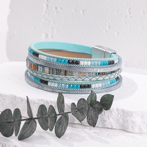 Boho Layered Leather Wrap Bracelets Chunky Western Country Hippie Jewelry | Stackable Bohemian Cowgirl Magnetic Clasp Cuff Bangle Set Fashion Stack Statement Festival Trendy Jewelry Gifts for Women - color: Teal