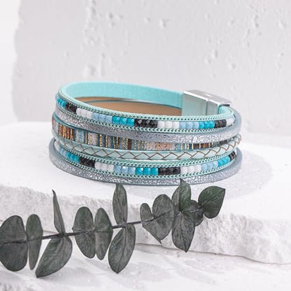 Boho Layered Leather Wrap Bracelets Chunky Western Country Hippie Jewelry | Stackable Bohemian Cowgirl Magnetic Clasp Cuff Bangle Set Fashion Stack Statement Festival Trendy Jewelry Gifts for Women - color: Teal