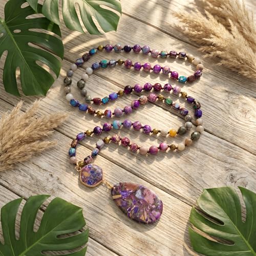 Gmai Boho Necklace for Women Long Beaded Pendant Necklace Natural Stone Teardrop pendant Jewelry Festival Vacation Gift Everyday Handmade Unique Statement Necklace - color: Purple