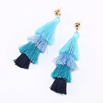 BaubleStar Bohemian Layered Tassel Drop Earrings for Women | Lightweight Statement Party Festival Jewelry - color: Blue Ombre