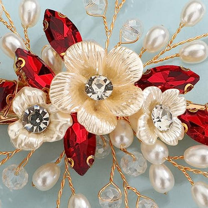 Xerling Red Rhinestones Crystal Flower Hair Barrettes Clip Boho Bridal Pearl Hair Jewelry Accessories for Women Wedding Floral Headpieces (Red) - color: Red