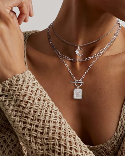 MJartoria Layered Initial Necklaces for Women Trendy, 14K Gold Plated Brass Simple Moon Choker Square Letter Pendant Necklace, Paperclip Chain Necklaces Jewelry Gifts - color: Silver, style: F