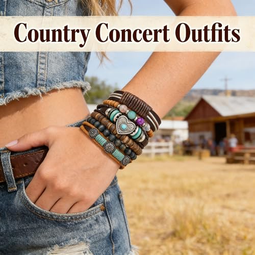 Western Outfits for Women Turquoise Western Bracelets Bohemian Vintage Stackable Beaded Leather Bracelets Adjustable Hand-woven Layered Bracelet Western Country Concert Jewelry for Women - style: Turquoise Love Heart