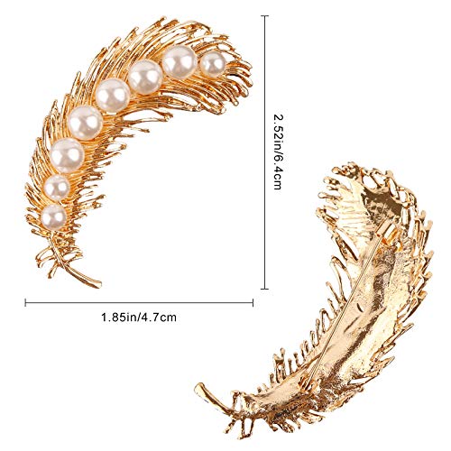 Pearl Diamond Brooch Pins for Dress Sweater Scarf, Wedding Party Decoration Birthday Christmas Gift - style: Feather (Gold)