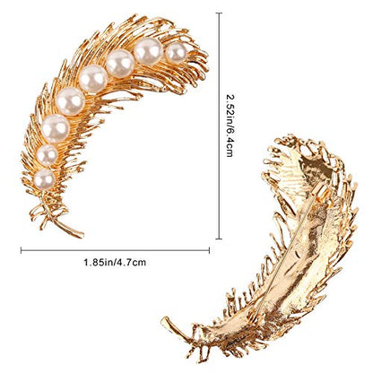 Pearl Diamond Brooch Pins for Dress Sweater Scarf, Wedding Party Decoration Birthday Christmas Gift - style: Feather (Gold)
