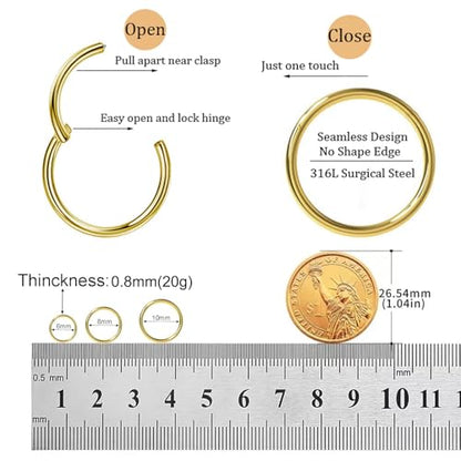 Small Gold Hoop Earrings, Lightweight 14K Gold Plated Huggie Hoop Earrings for Cartilage Helix Tragus, Hypoallergenic Earrings for Women Men, Tiny Thin Hoops Surgical Steel Endless Hoops Earrings 6-10 mm - color: 20G-(0.8X6/8/10mm)-Gold