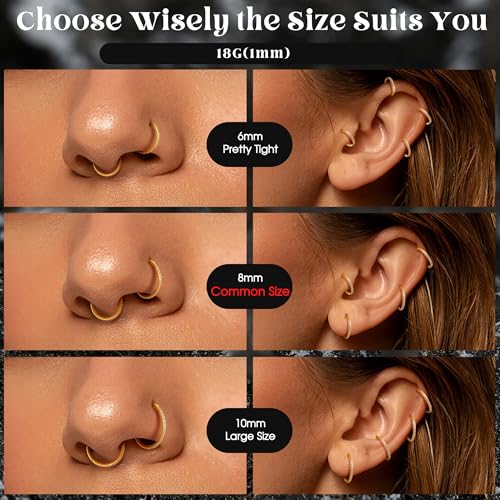 FASACCO 20G 18G 16G Cartilage Hoop Earring 316L Surgical Steel Silver Huggie Hoop Earrings Hypoallergenic Hinged Segment Rings Septum Nose Hoops Daith Conch Helix Tragus Piercing Jewelry 6mm/8mm/10mm - style: Gold-18G-6MM