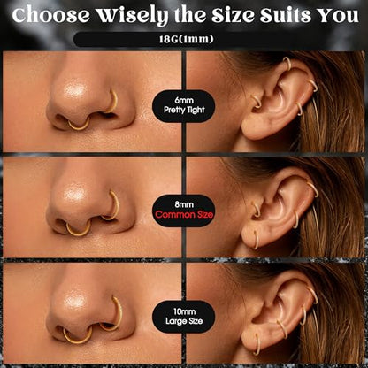 FASACCO 20G 18G 16G Cartilage Hoop Earring 316L Surgical Steel Silver Huggie Hoop Earrings Hypoallergenic Hinged Segment Rings Septum Nose Hoops Daith Conch Helix Tragus Piercing Jewelry 6mm/8mm/10mm - style: Gold-18G-6MM