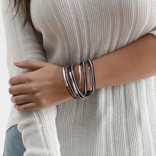 Artilady Leather Wrap Bracelet for Women, Pearl Beaded Bangle Stack Jewelry | Easy on-off, Elegant Handmade Multi-Layered, Daily Casual Date Beach Vacation, Gift for Ladies, Mother, Sister & Friend - style: Blue with Gold bar
