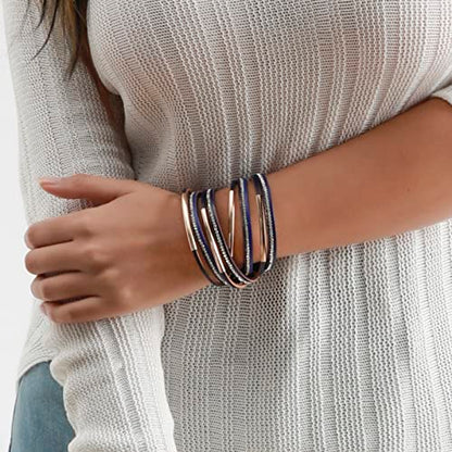 Artilady Leather Wrap Bracelet for Women, Pearl Beaded Bangle Stack Jewelry | Easy on-off, Elegant Handmade Multi-Layered, Daily Casual Date Beach Vacation, Gift for Ladies, Mother, Sister & Friend - style: Blue with Gold bar